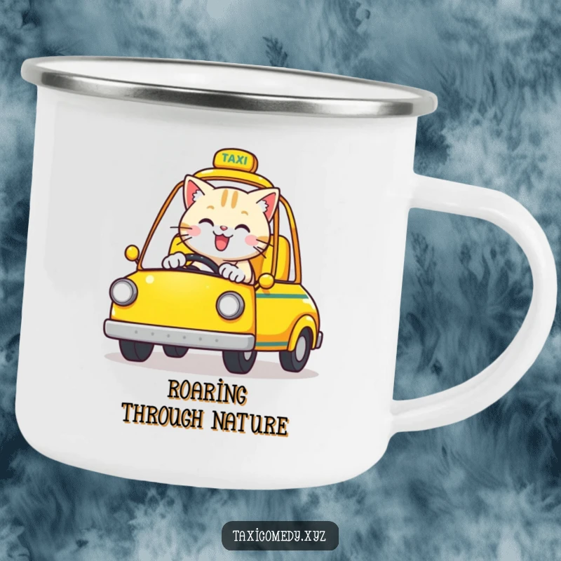 Funny Cat Camping Mug: A happy cat drives a yellow open-top taxi on adventures.