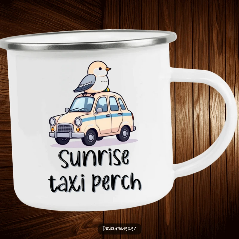 Funny camping mug with a bird on a tiny taxi roof, ready for outdoor adventures.