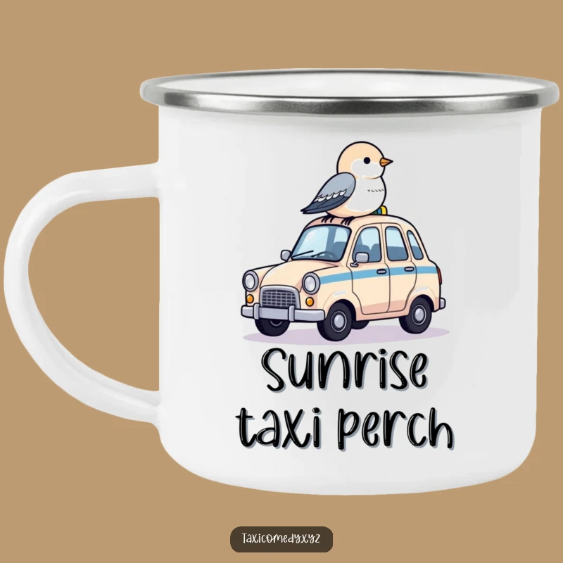 Funny Camping Mug: Bird on Taxi - Adventure Awaits, Great Gift