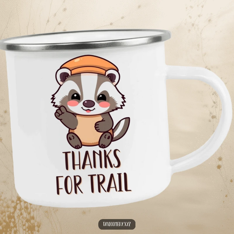 Funny camping mug showing a badger character giving a happy, grateful nod after paying the taxi fare, symbolizing polite travel outdoors.
