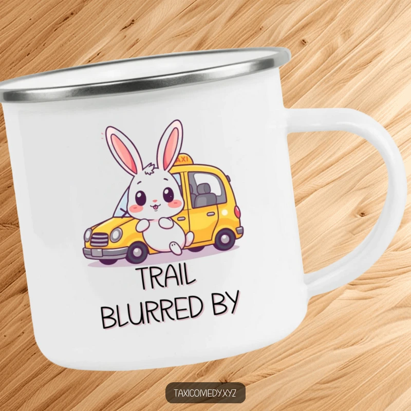 Funny rabbit camping mug with a surprised bunny witnessing a taxi speed past happily. Great for outdoor use.