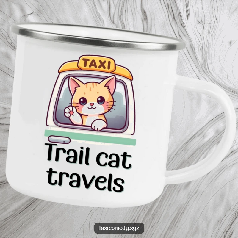 Funny cat waving from a taxi window, designed for outdoor use on a sturdy camping mug.