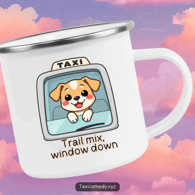 Funny Dog Taxi Camping Mug: A happy dog with its head out of a taxi window, perfect for enjoying drinks during outdoor adventures.
