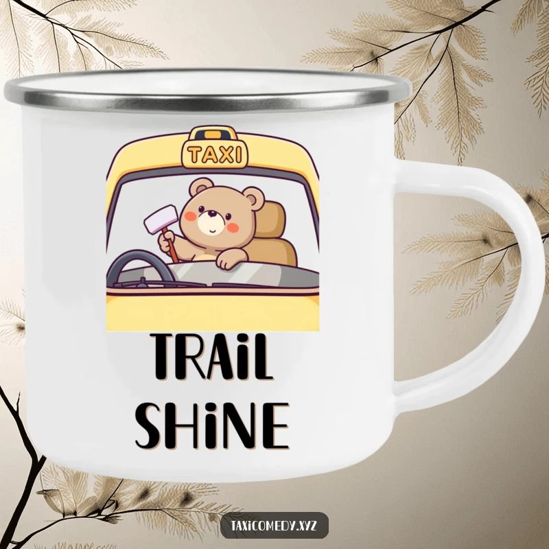 Funny bear character happily polishing a taxi windshield on a camping mug, perfect for cheerful outdoor humor.
