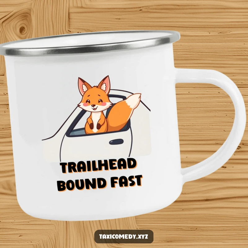 Funny fox camping mug with a cheerful fox enjoying a fast taxi ride. Great for outdoor adventures.