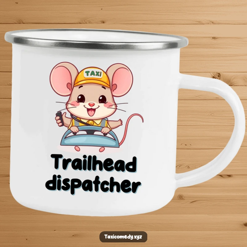 Funny camping mug: a happy mouse cheerfully dispatches taxis, perfect for outdoor cheer and drinks.