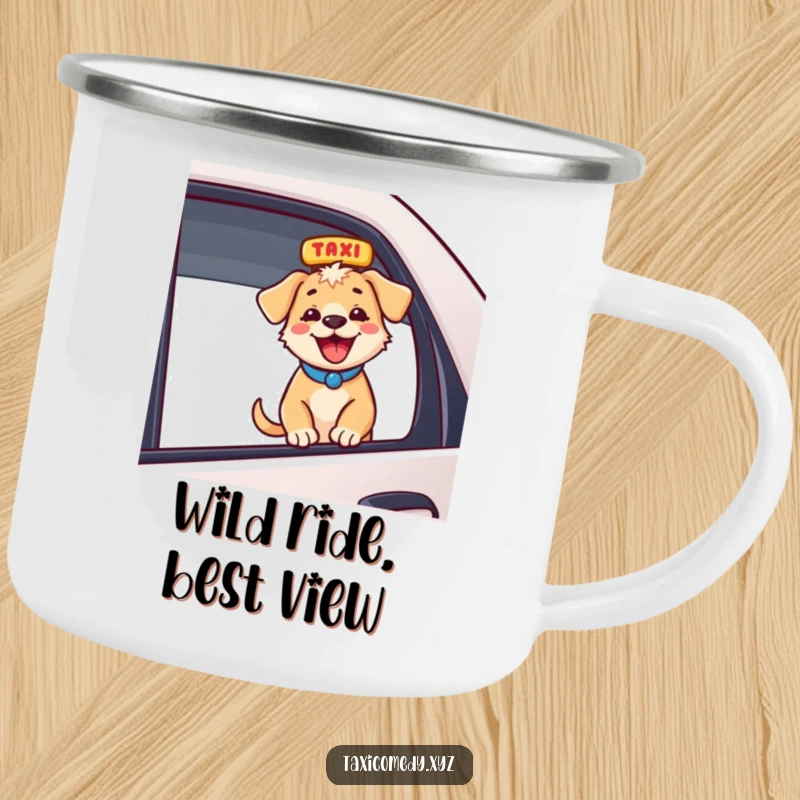 Funny energetic puppy in taxi window, barking, rugged funny gift camping mug for outdoor enthusiasts.