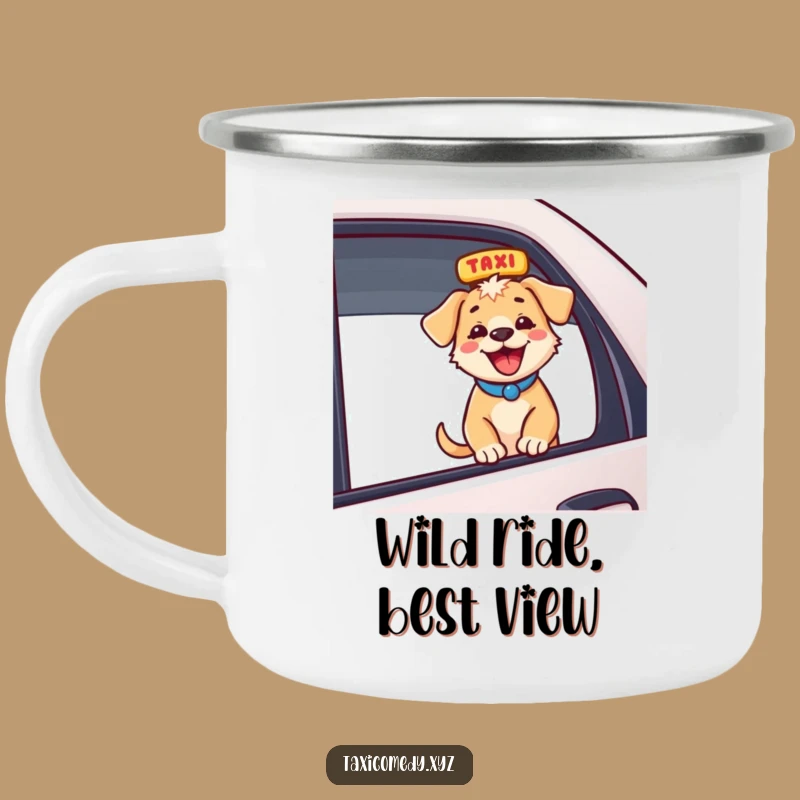 Funny Energetic Puppy Taxi Camping Mug: Adventure Brews with Hilarious Dog Art