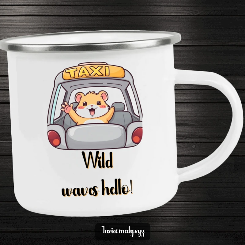 Funny hamster taxi camping mug, enamel mug with a waving hamster in a taxi, humorous and rugged drinkware.