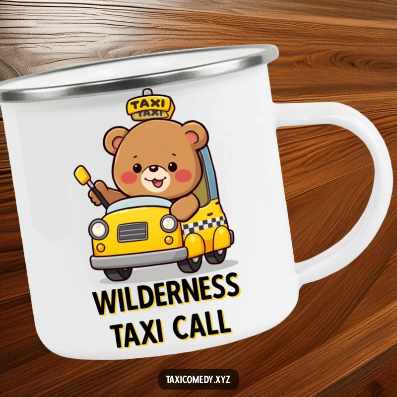 Funny bear hailing a taxi, designed for outdoor fun on a sturdy camping mug.