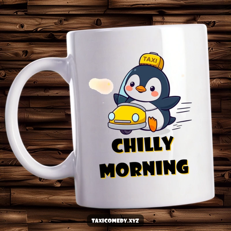 Funny penguin character looking absolutely delighted as a yellow taxi zooms past on this fun mug.