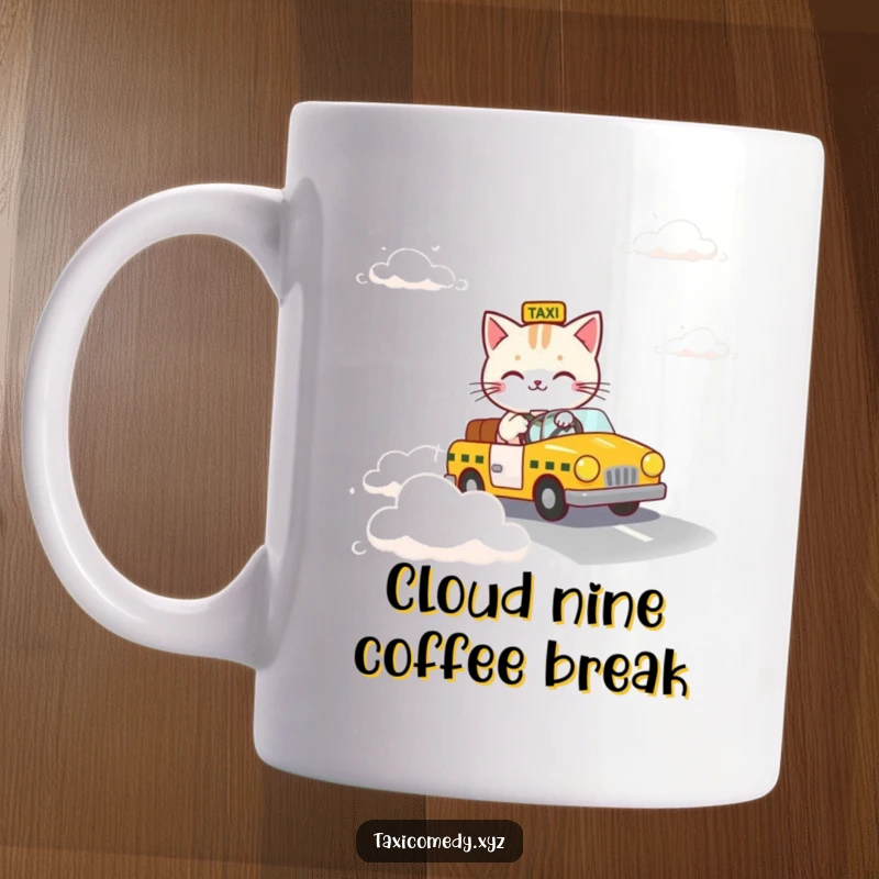 Funny mug with a cat steering a taxi down a whimsical road made entirely of fluffy white clouds.