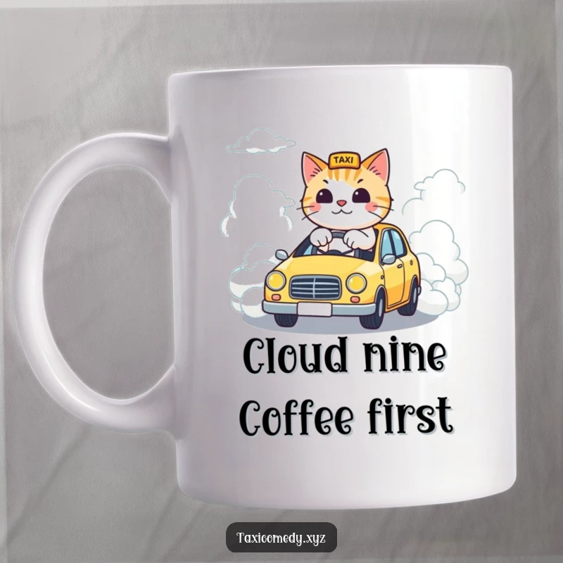 Funny mug of a cat steering a taxi down a road made entirely of fluffy clouds, evoking a whimsical and humorous journey.