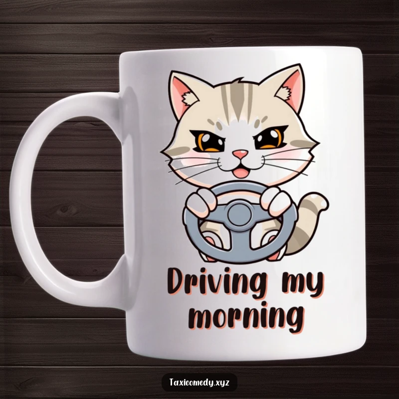 Funny cat mug showing a determined cat character with a wide grin, confidently holding a steering wheel.