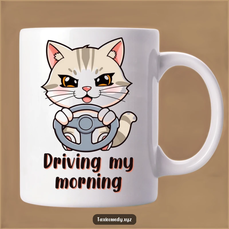Funny Cat Mug: Determined Driver, Steering Wheel Fun, Purrfect Funny Gift