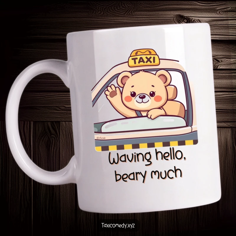 Funny bear cub waving cheerfully from the passenger seat of a taxi. This mug captures a moment of innocent joy and friendly interaction.