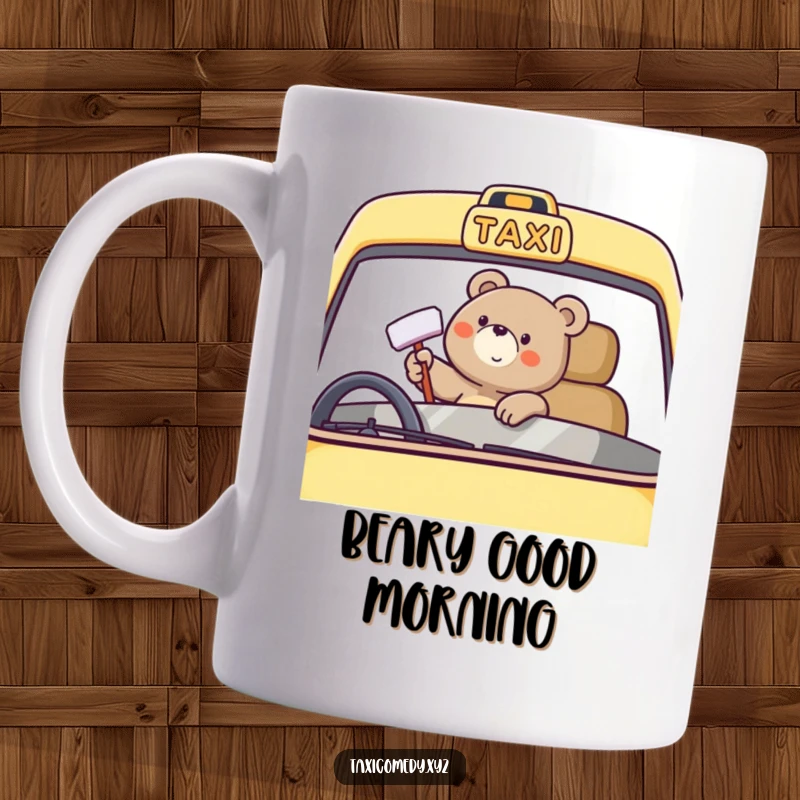 Funny bear character happily and diligently polishing the windshield of a yellow taxi on this cheerful mug.