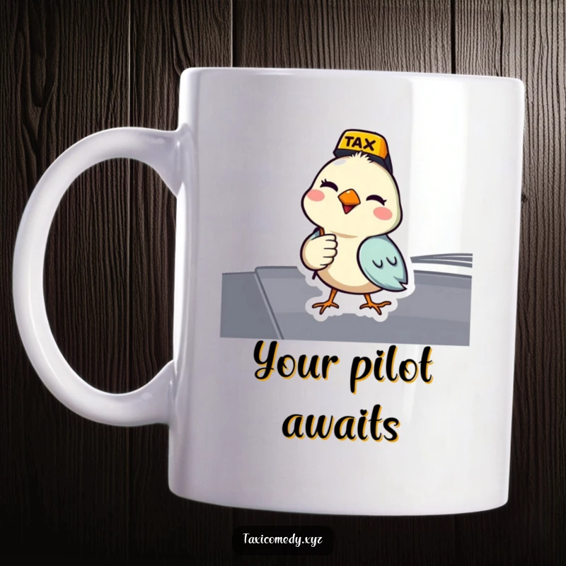 Funny bird mug featuring a bird acting as a taxi driver and giving a wink. A humorous and charming design.