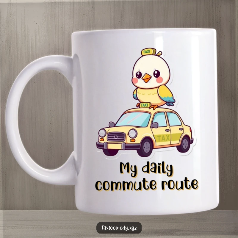 Funny mug showcasing a vibrant bird character confidently perched atop a yellow taxi, ready for a wild ride.