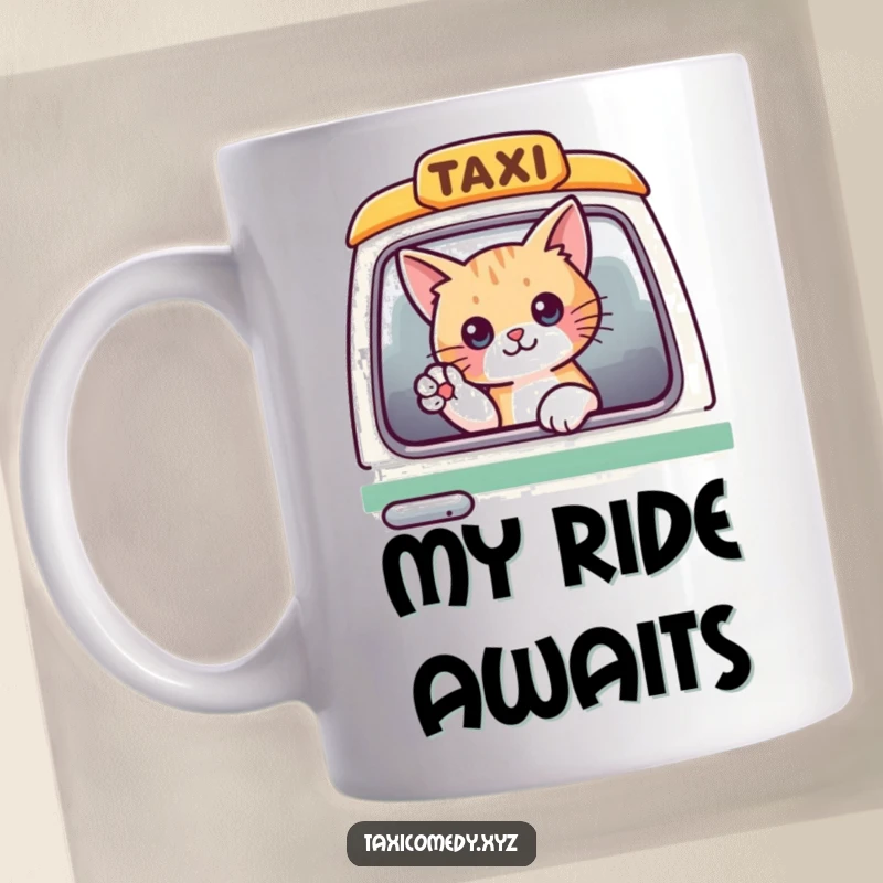 Funny cat peeking out of a taxi window, waving its paw with a cheerful expression on a mug.