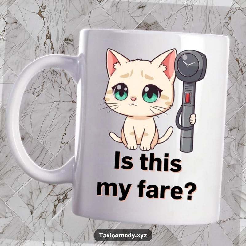 Funny cat mug with big eyes intently watching a taxi meter tick, showcasing curiosity and a humorous take on feline observation.