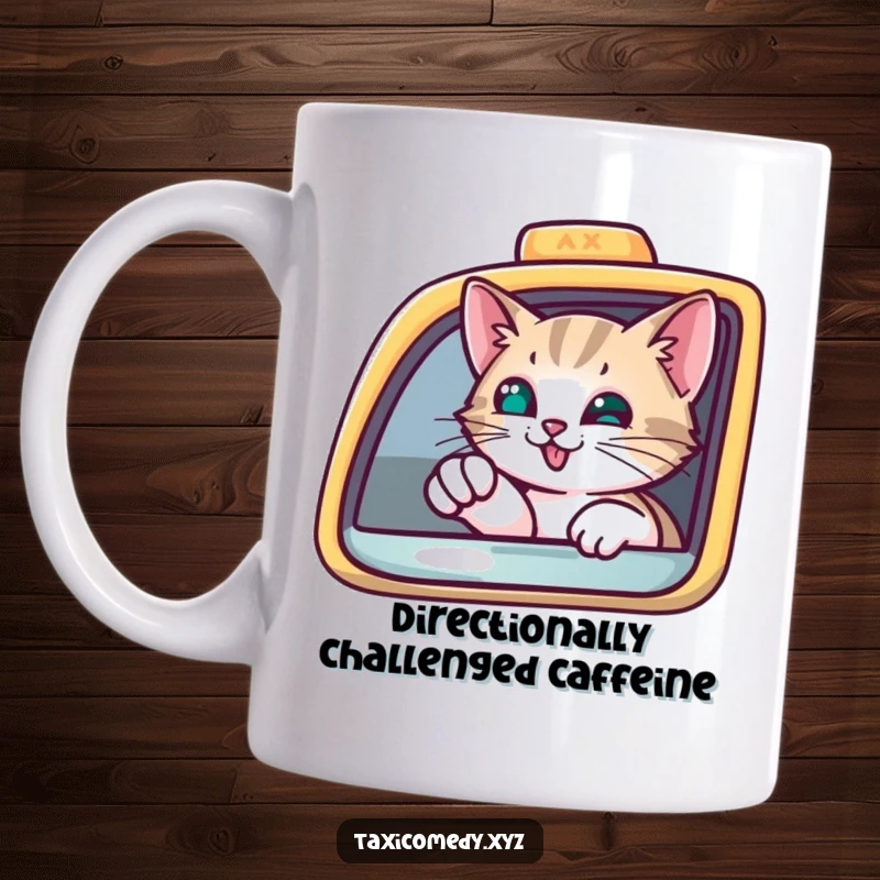 Funny Mug with a curious cat peering intently from a taxi window, pointing with a paw, seeking direction and intrigue.