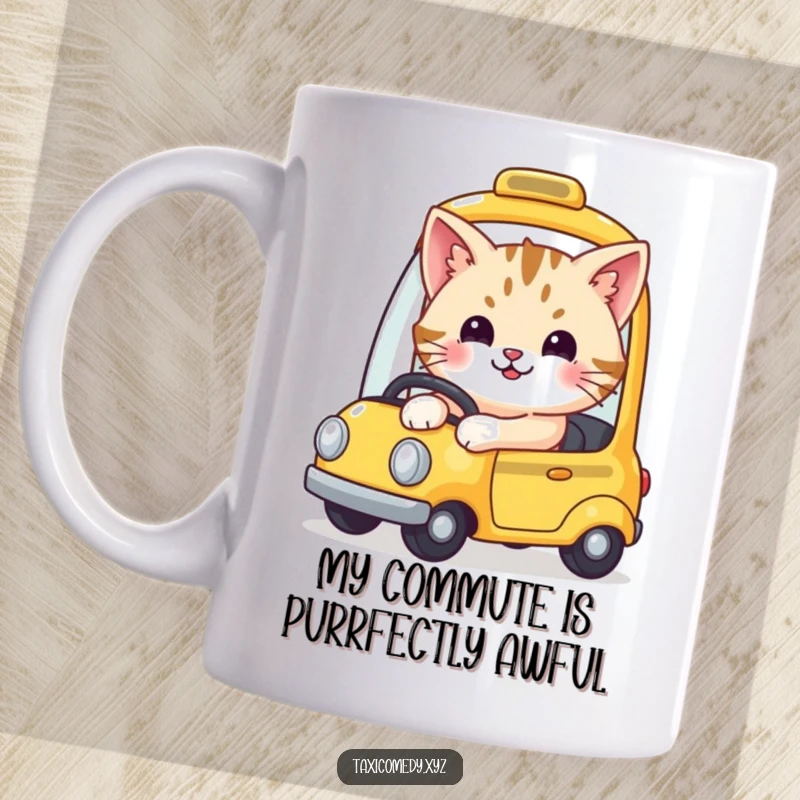 Funny yellow taxi mug featuring a cute, smiling cat enthusiastically driving a miniature taxi, capturing pure joy.