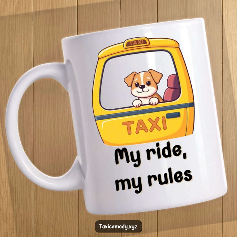 Funny dog in taxi mug, canine passenger gazing out window of colorful cab, expressing wonder and joy, perfect humorous gift idea.