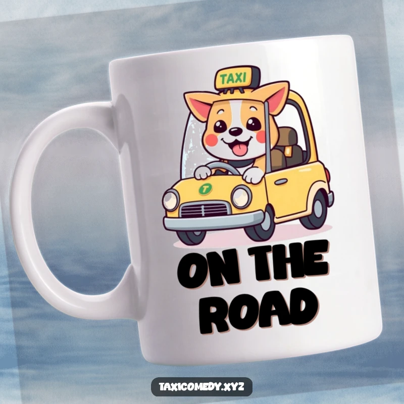 Funny mug showing a happy dog character smiling while driving a small, stylized taxi, ready for a fun ride.