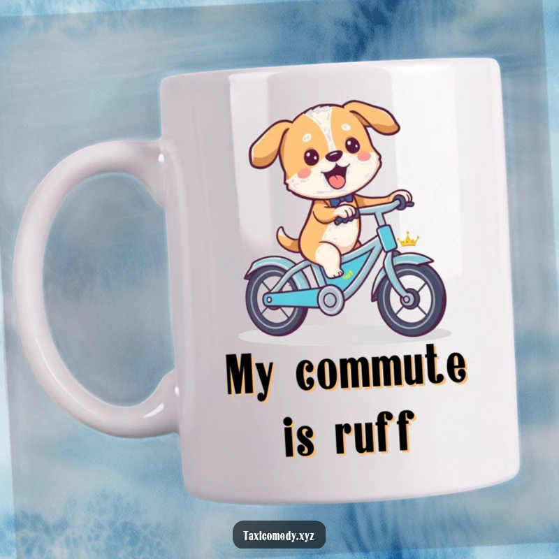 Funny dog pedaling a miniature taxi bicycle with great enthusiasm, a comical scene for a unique mug gift.