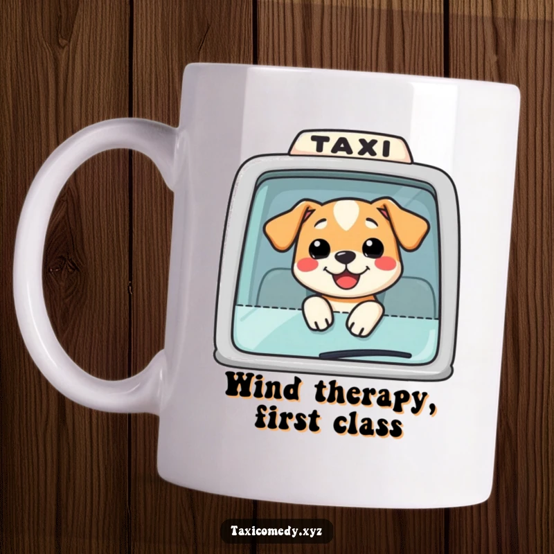 Funny Dog Taxi Mug: A happy dog with its head out the window, enjoying a taxi ride, conveying pure joy and freedom.