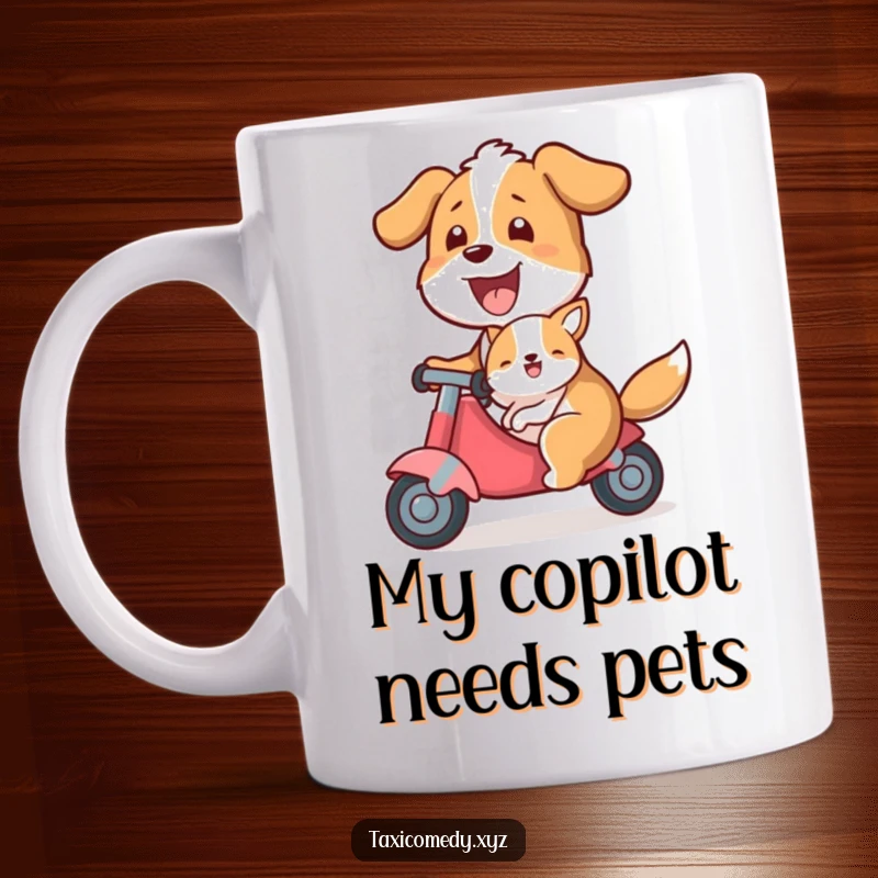 Funny mug illustrating an excited dog acting as a taxi, with a smaller animal happily riding along, a heartwarming and humorous scene.