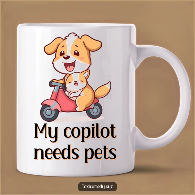 Funny Dog Taxi Mug: Happy Canine Driver with Passenger, a Hilarious Animal Lover Gift!