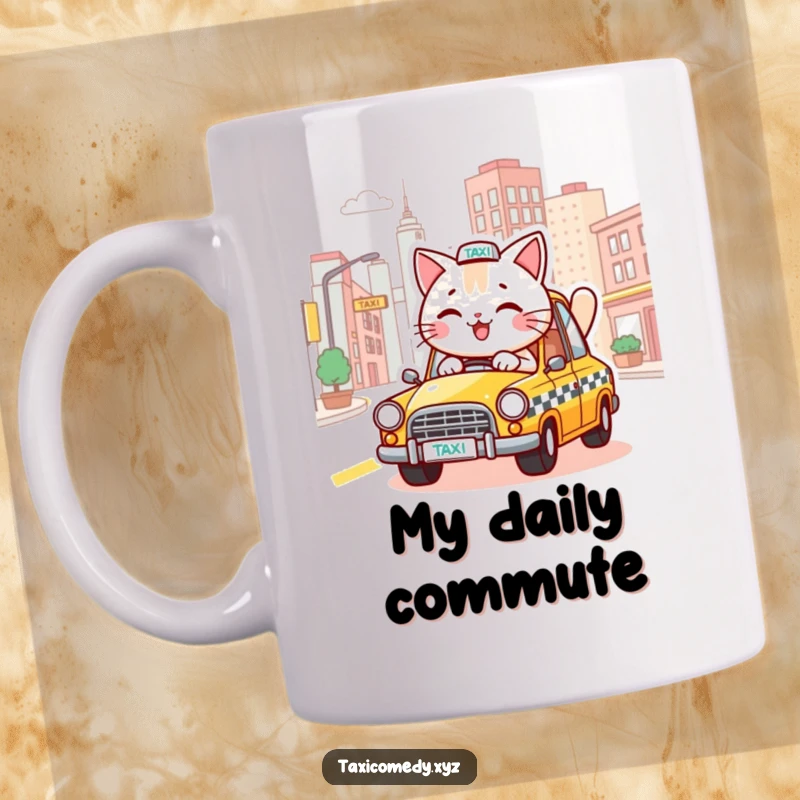 Funny mug featuring a cheerful cat character driving a taxi, navigating stylized city streets with a smile.