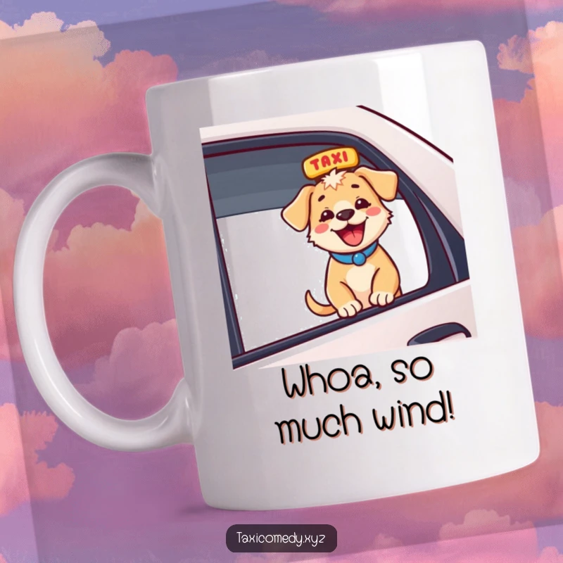Funny energetic puppy sticking its head out of a taxi window, joyfully barking, perfect gift for dog lovers.