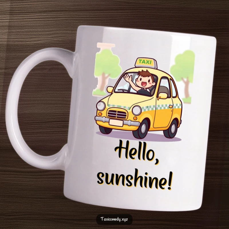 Funny mug of a taxi cab with an excited driver waving from the window, embodying friendliness and humor.