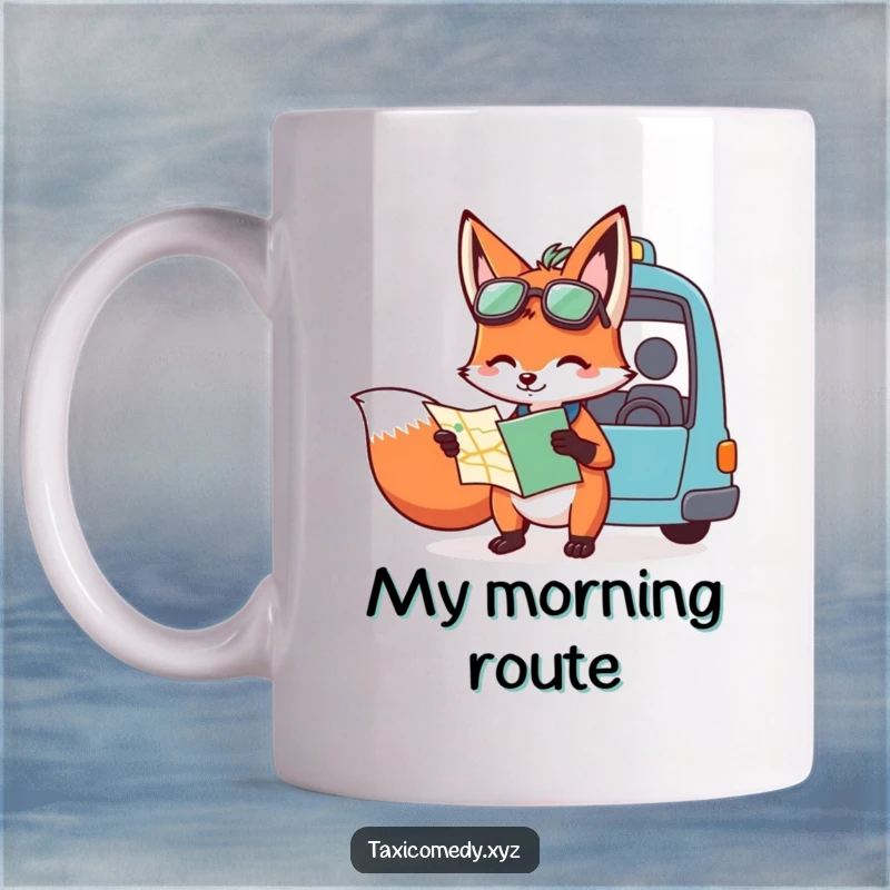 Funny mug showing a fox holding a map and giving directions to a taxi driver, embodying cleverness and a helpful, humorous spirit.