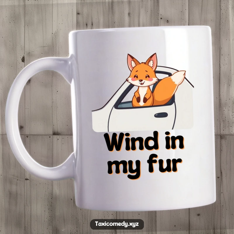 Funny fox mug with a cheerful fox hanging out the window of a fast-moving taxi. A humorous depiction of travel joy.