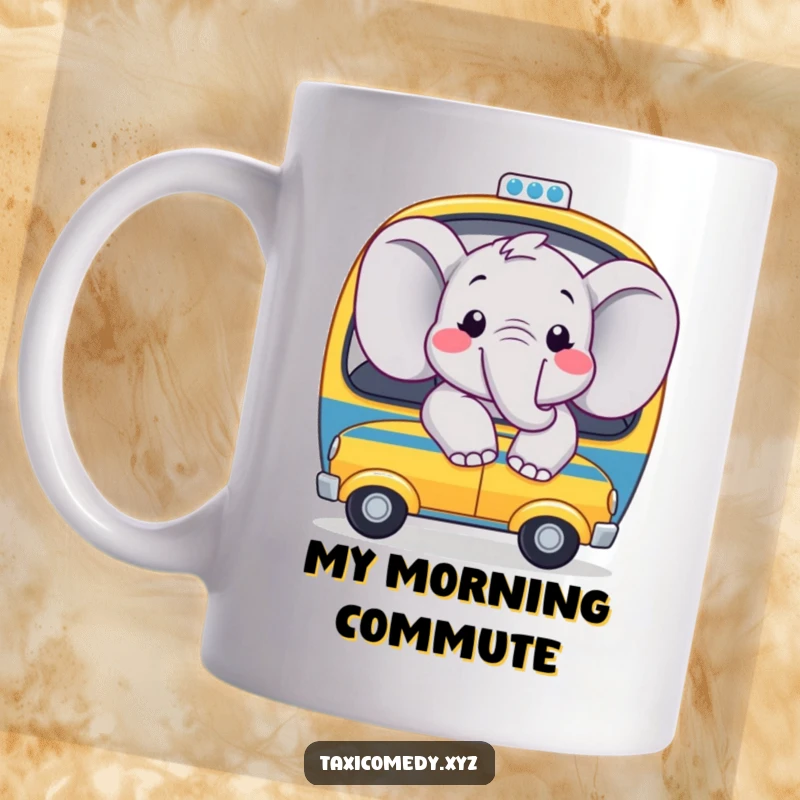 Funny mug of a joyful elephant with big smiles, looking out the window of a toy taxi, symbolizing happy travels.