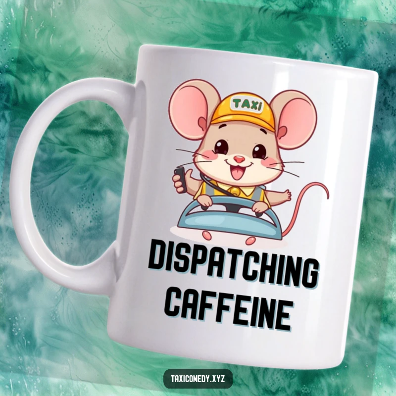 Funny mug art: a happy mouse wearing a headset cheerfully dispatches taxis from a booth, a cute and busy scene.