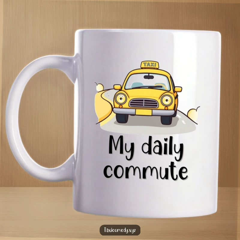 Funny mug of a cute taxi cab with big, happy headlights driving down a winding road, embodying joy and adventure.
