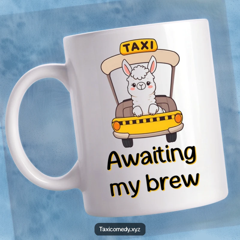 Funny mug with a cheerful llama character happily riding in the back seat of a taxi, looking out the window with delight.