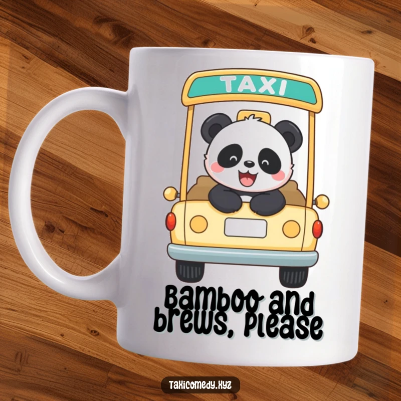Funny panda joyfully riding in the back of an open-top taxi, arms outstretched. This mug radiates pure bliss and adventure.