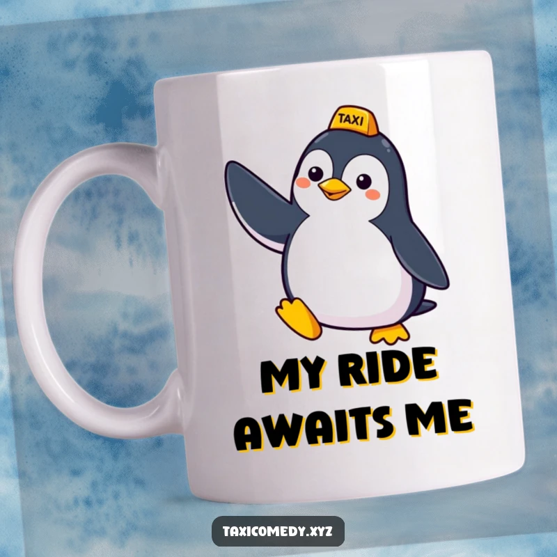 Funny mug with a cheerful penguin enthusiastically signaling for a taxi with its wing raised, looking hopeful and cute.