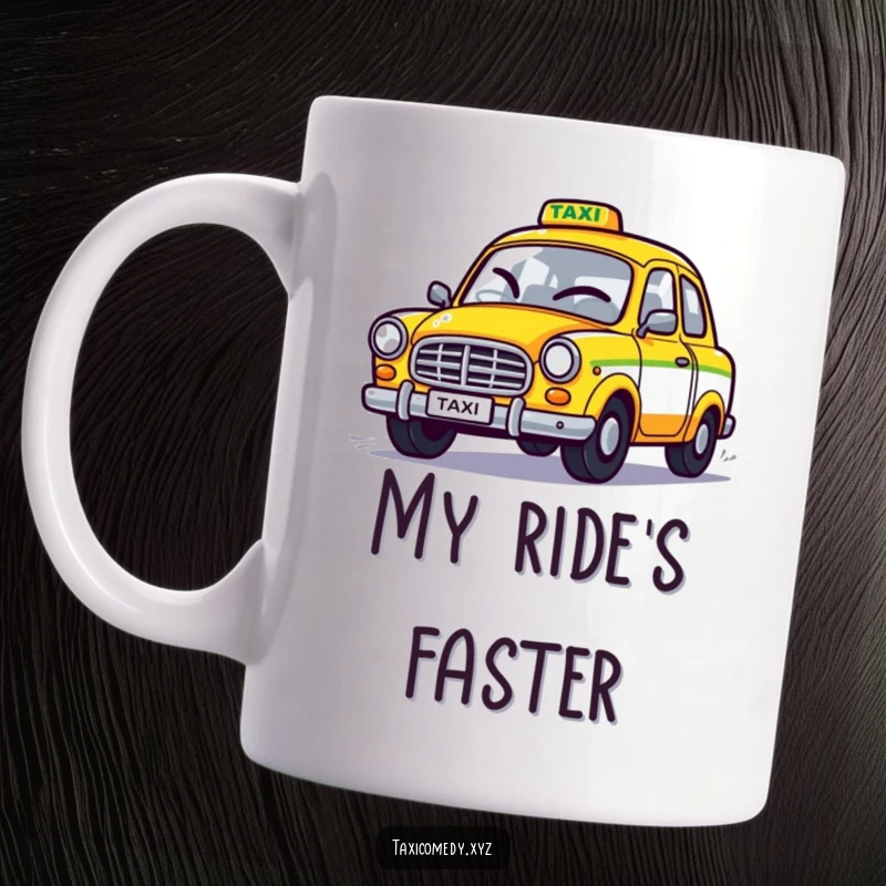 Funny mug featuring a stylized taxi winking playfully as it zooms off, capturing a cheeky and fast-paced spirit. Ideal for gift-giving.