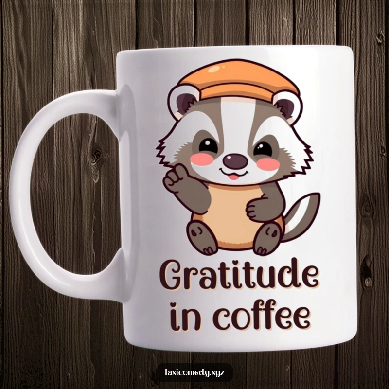 Funny mug with a badger character happily and gratefully nodding after paying the taxi fare, showing polite appreciation.