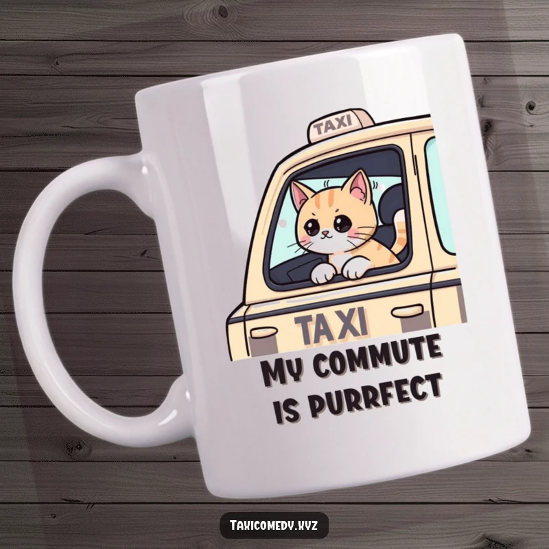Funny Cat mug showing a playful passenger cat with its head out a taxi window, enjoying the breeze. A hilarious and charming gift.