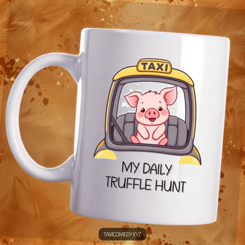 Funny mug showing a cheerful piglet sitting happily in the passenger seat of a taxi, enjoying the ride.