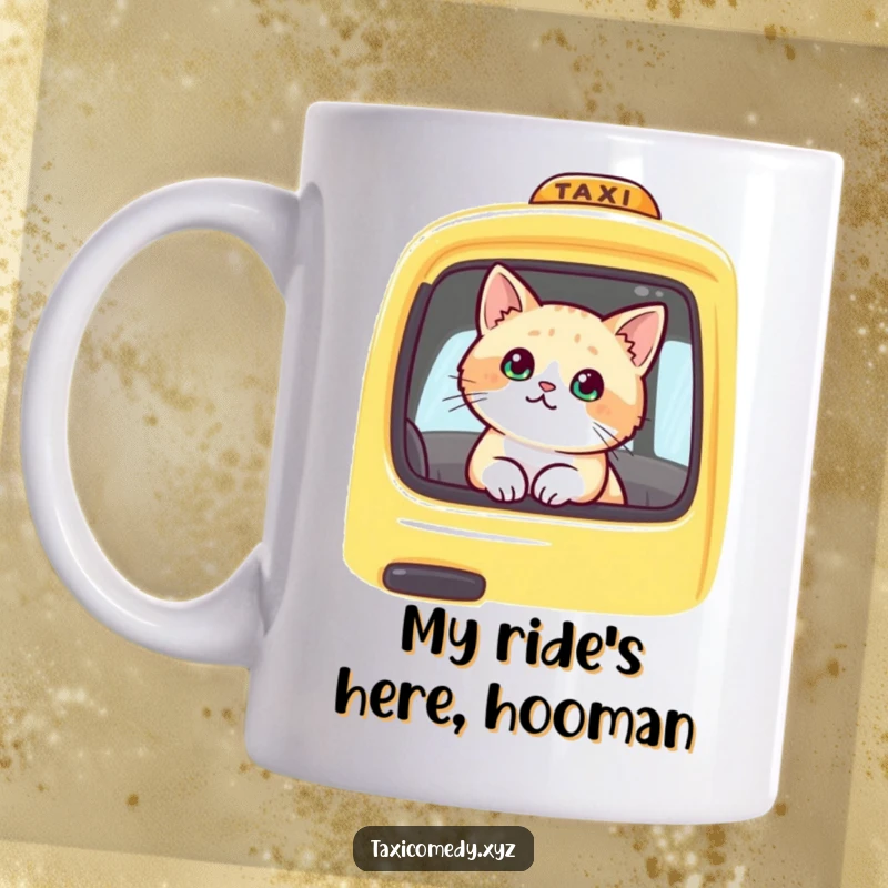 Funny cat inside a yellow taxi, looking out the window with curiosity. This mug captures a moment of quiet observation, perfect for cat lovers.