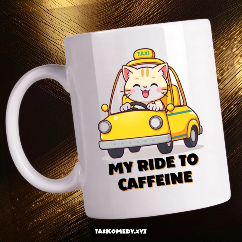 Funny Cat Mug: A happy cat drives a bright yellow, open-top taxi with a smile.